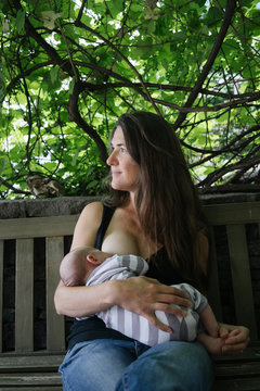 New Mother Breastfeeds Baby On Public Bench