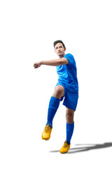 Portrait of asian football player man in blue jersey with kicking the ball position