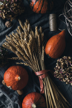 Hokkaido pumpkins on an autumnal background