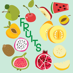 Set of European and exotic fruits, pear, kiwi, watermelon, pomegranate, Apple, cherry and others, vector illustration