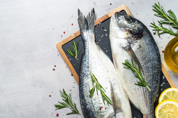 Fresh fish dorado on blue background.