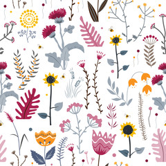 Vector nature seamless background with hand drawn wild herbs, flowers and leaves on white. Doodle style