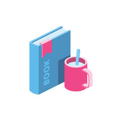Book and coffee 3d vector icon isometric pink and blue color minimalism illustrate