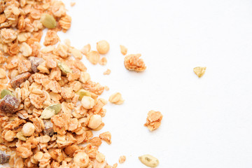 Crispy muesli dry Breakfast isolated on white background selective focus, top view