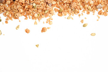 Crispy muesli dry Breakfast isolated on white background selective focus, top view