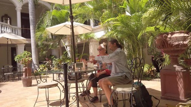 Mature couple sitting at cafe with umbrella in bright light and palm trees.