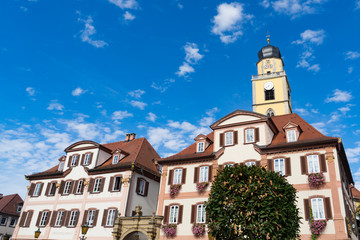 Naklejka premium Twin Houses and St. Jhannes Church in Bad Mergentheim, Germany. Space for text