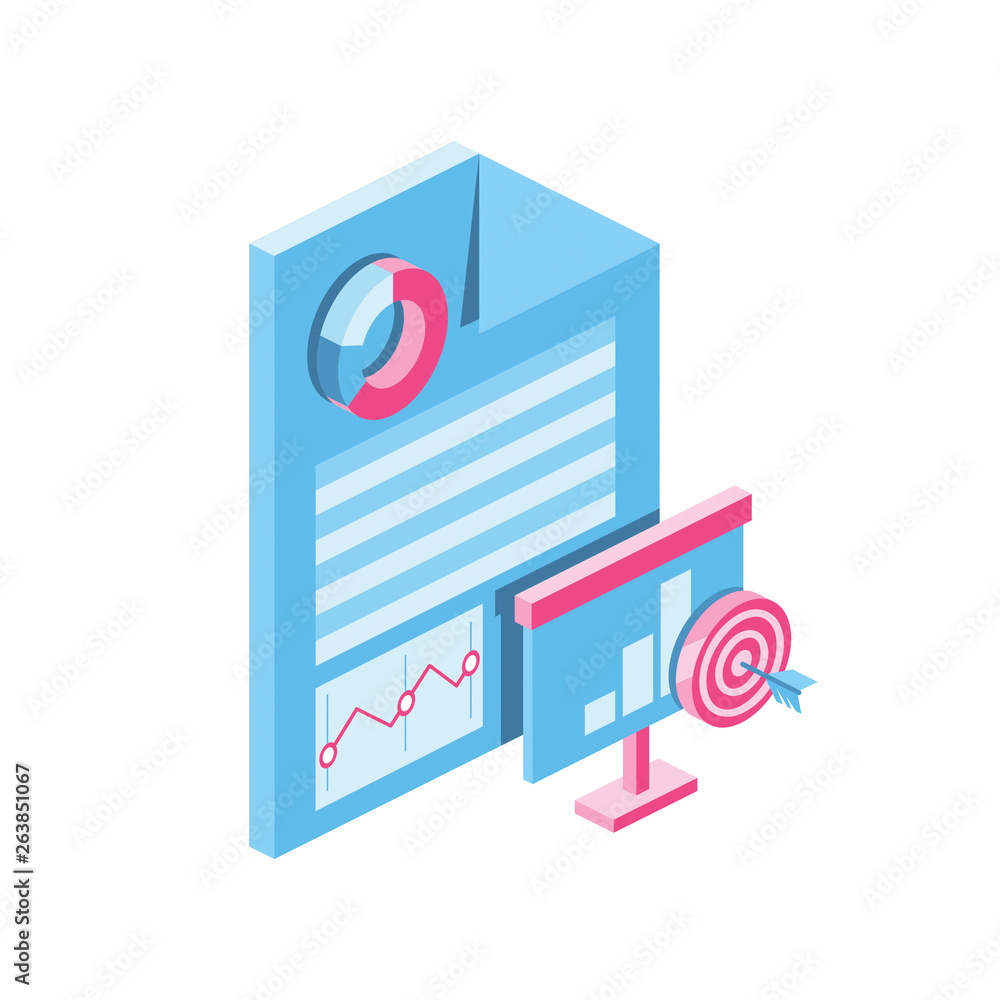 Poster document table charts presentation target 3d vector icon isometric pink and blue color minimalism il