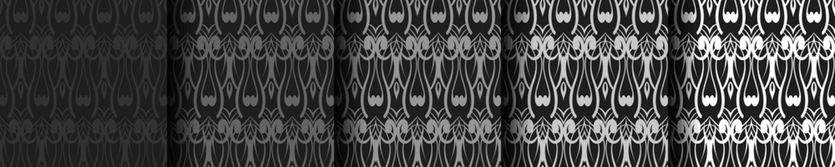 Art Deco Patterns Set. Grey and white backgrounds. Fan scales ornaments. Geometric decorative digital papers. Vector retro design. 1920-30s motifs. Luxury vintage illustration