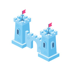 Castle tower wall 3d vector icon isometric pink and blue color minimalism illustrate
