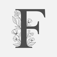 Uppercase Letter F with flowers and branches. Vector flowered monogram or logo. Hand Drawn concept. Botanical design branding. Composition of letter and flowers for wedding card, invitations, brand