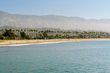 Santa Barbara Beach, California.  Morning Time, Marine Layer. Beautiful Sand Beach, Palm Trees, and Mountains