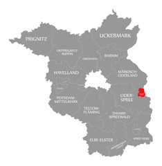 Frankfurt Oder county red highlighted in map of Brandenburg Germany