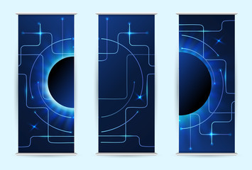 Set vertical Abstract techno Roll up. Glowing waves of Internet and info on a dark background. Place for text and infographics. Vector illustration.