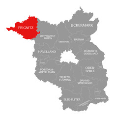Prignitz county red highlighted in map of Brandenburg Germany