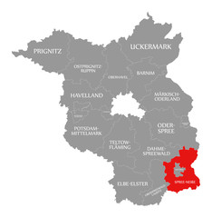 Spree-Neisse county red highlighted in map of Brandenburg Germany