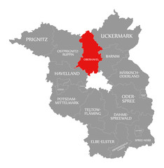 Oberhavel county red highlighted in map of Brandenburg Germany