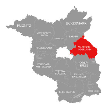 Maerkisch-Oderland county red highlighted in map of Brandenburg Germany