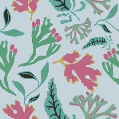 Seamless pattern with abstract seaweed. Hand drawn repeat background. Flat style illustration.