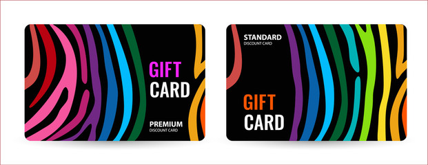 Bright card with rainbow line. Creative Gift card on black background. Universal dark flyer template for advertising your business. Vector Illustration.