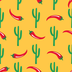 Red chilli pod and cactus. Mexican seamless pattern. Can be used as wallpaper, wrapping paper, packing, textiles.