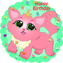 birthday greeting card with pink cat. cartoon vector illustration.