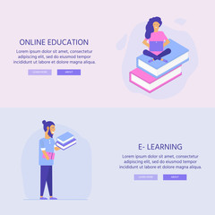 Online education concept. Isometric illustration with mobile template for app. People with book and computer for training courses,
