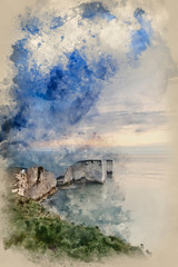 Naklejka premium Watercolor painting of Beautiful cliff formation landscape during stunning sunrise