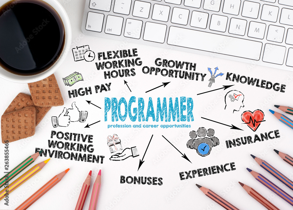 Sticker programmer profession and career opportunities. chart with keywords and icons. white office desk