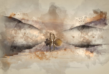 Watercolor painting of Beautiful romantic image of swans on misty lake with mountains in background