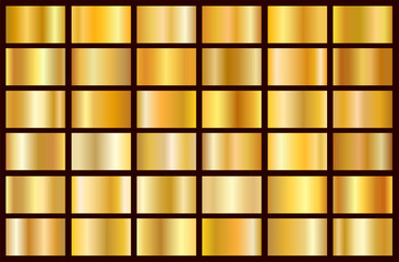 Realistic gold gradient texture pack. Shiny golden metal foil gradient set. Vector illustration