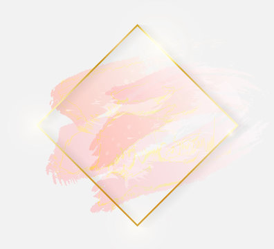 Gold shiny glowing rhombus frame with rose pastel brush strokes isolated on white background. Golden luxury line border for invitation, card, sale, fashion, wedding, photo etc. Vector illustration
