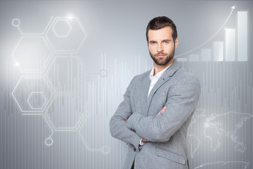 Close up mixed creative design stylized graphic virtual poster photo confident he him his guy...