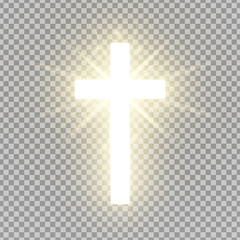 Shining cross isolated on transparent background. Riligious symbol. Glowing Saint cross. Easter and Christmas sign. Heaven concept. Vector illustration - obrazy, fototapety, plakaty