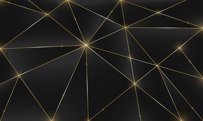 Black premium background with luxury dark polygonal pattern and silver triangle lines. Low poly gradient shapes luxury golden platinum lines vector. Rich background for poster premium triangles design