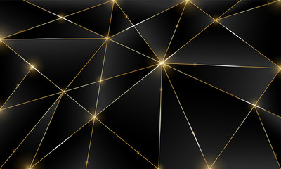 Black premium background with luxury dark polygonal pattern and silver triangle lines. Low poly gradient shapes luxury golden platinum lines vector. Rich background for poster premium triangles design