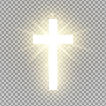 Shining cross isolated on transparent background. Riligious symbol. Glowing Saint cross. Easter and Christmas sign. Heaven concept. Vector illustration
