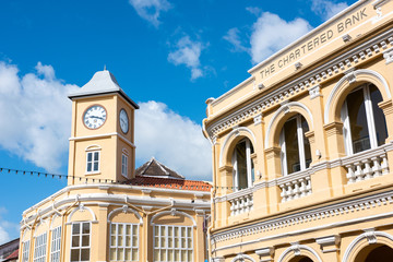 Fototapeta premium PHUKET, THAILAND-August 2018 : This is a old building Chino-Portuguese style that is a landmarks in Phuket, Here is one of the most famous destinations of Phuket.