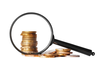 double exposure business concept with magnifying glass zoom and focus on coins money idea for finance