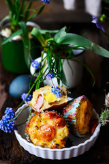 Breakfast muffins with egg and sausages.selective focus