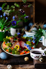 Turkey Breast Ham on the spring Easter background .style rustic.