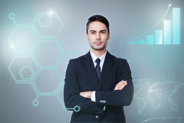 Close up virtual effected creative design stylized graphic poster photo confident he him his guy social marketing futuristic pattern presentation show new startup wear suit isolated grey background