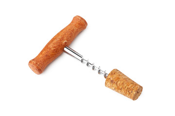 corkscrew and wine cork isolated on white background