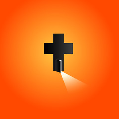 Opened door with bright light. Cross