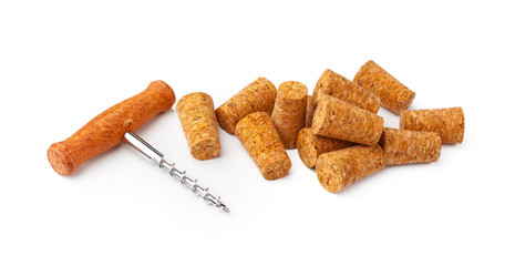 corkscrew and wine cork isolated on white background