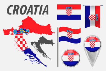 CROATIA. Collection of symbols in colors national flag on various objects isolated on white background. Flag, pointer, button, waving and hanging flag, detailed outline map and country inside flag.