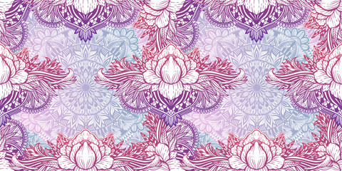 Materiał do szycia Art seamless pattern lotus flower mandala. Ethnic abstract print. Colorful repeating background texture. Culture bohemian ornament.