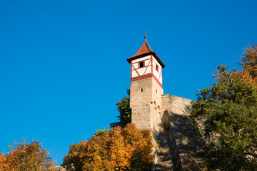 Fototapeta premium tower of city wall, Bad Wimpfen, Germany. Blue sky, space for text