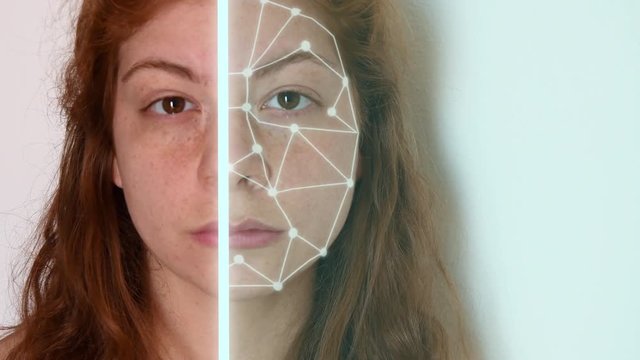Close up of a young woman with red hair, with a white shirt on a white background, with facial recognition high tech animation with tracking points and a glow effect on only half of her face