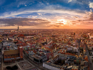 Sunset over Wrocław aerial view